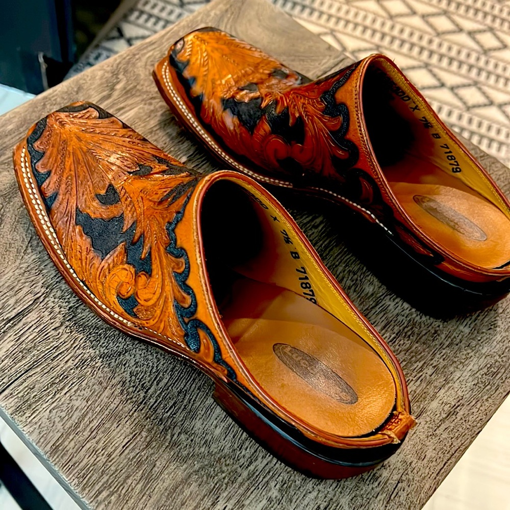 Lucchese tooled leather mules. Barely worn. Gorgeous detail. True to size